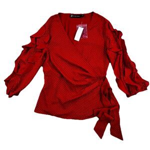 New york and Company Wrap Blouse Size Small RedTie Front Rivet Dot Detail